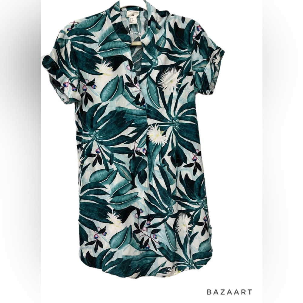 ANNA GLOVER floral white  and green Shift V Neck short Sleeve dress Size 4